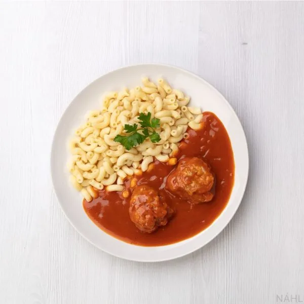 Rajská omáčka s masovými kuličkami, těstoviny
